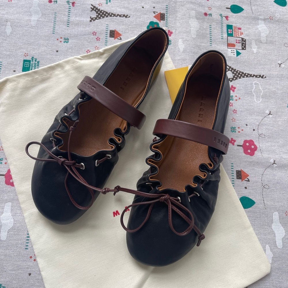 Marni Leather Mary Jane Ballet Flats in Black and Brown